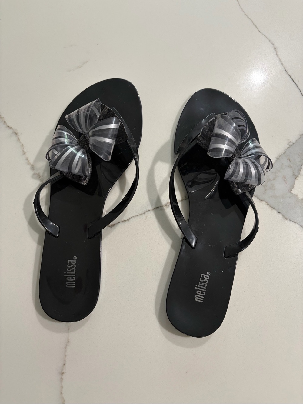 Melissa Black Jelly Sandals with Striped Gray Bow